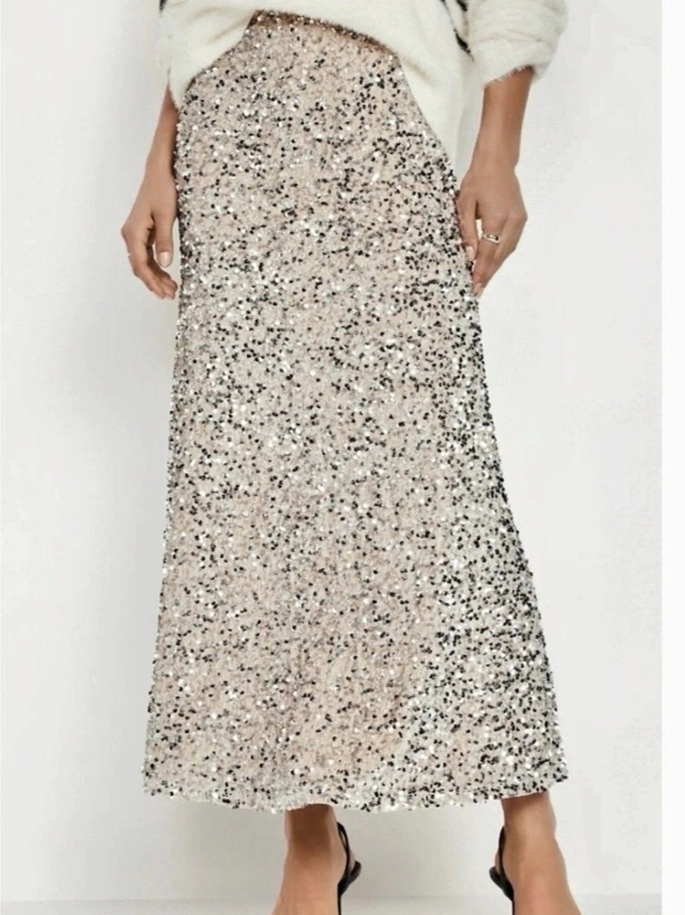 Old Navy High-Waisted Sequin Midi Pencil Skirt Cream & Silver | Size M